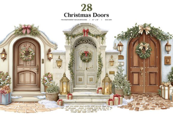 Christmas Door Clipart Bundle 28 PNG – A Festive Illustrations Set for Digital Sellers