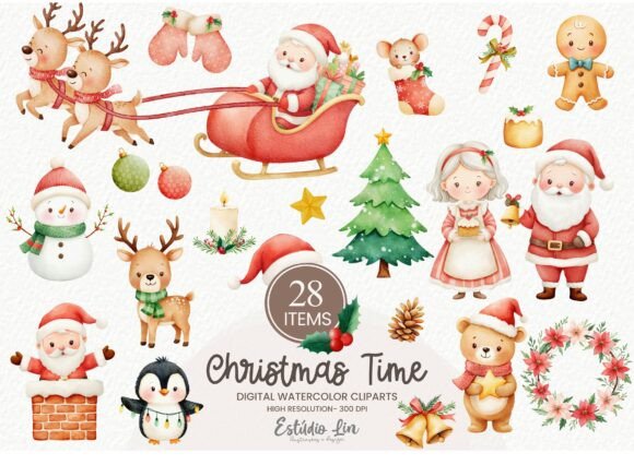 Christmas Time Watercolor Clipart for Editorial and Web Design