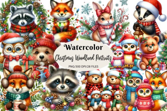 Christmas Woodland Portraits Clipart: A Festive Illustration for Local Business Branding