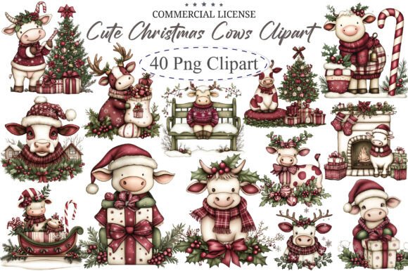 Cute Christmas Cows Clipart for Embroidery Projects