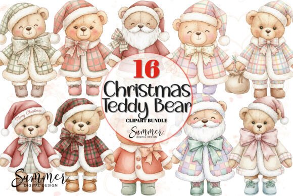 Festive Christmas Teddy Bear Clipart Illustrations