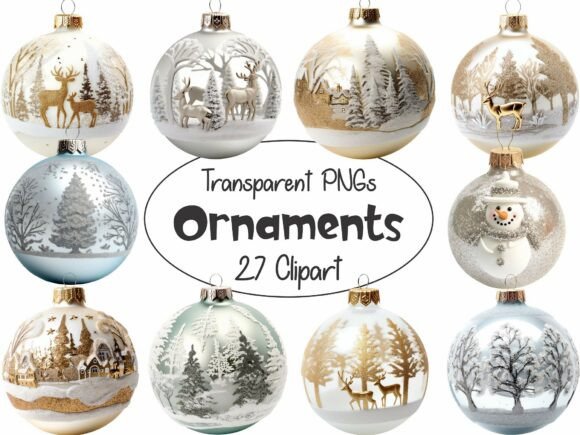 Glass Christmas Ornaments Silver Gold Illustrations