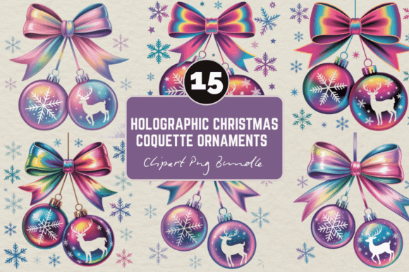 Holographic Christmas Coquette Ornaments Illustrations for Handmade Creators