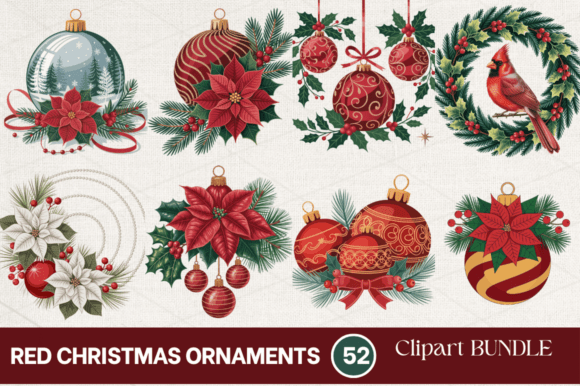 Red Christmas Ornaments Clipart Bundle: Seasonal Illustrations for Editorial Use