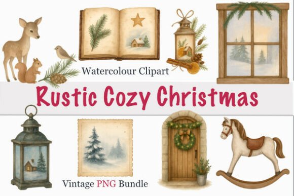 Rustic Cozy Christmas Watercolor Clipart for Illustrations