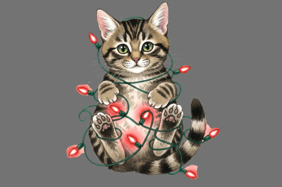 Tabby Kitten Tangled in Red Christmas