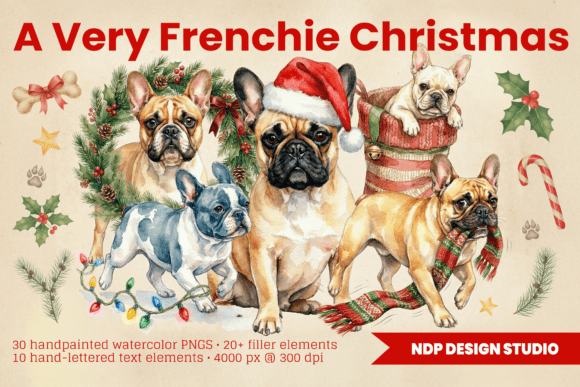 Vintage Christmas French Bulldog Clipart for Commercial Illustrations